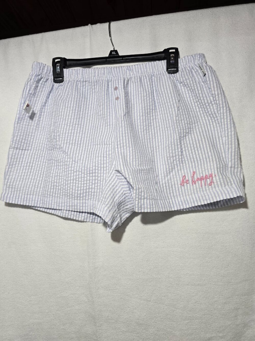 Rae Dunn Seersucker Sleep Shorts Blue White Stripe Be Happy XL/TG Lounge NEW NWT
